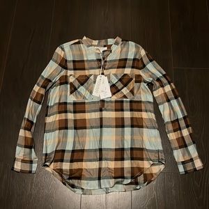 Workshop size small brown and blue plaid blouse
